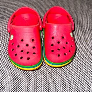 Kids’ Pink Crocs with Rainbow Bottoms